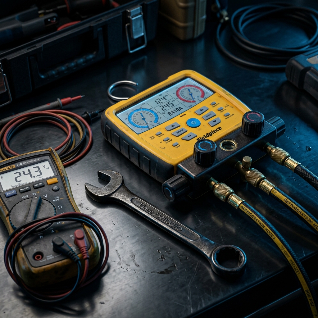 Service professional working in a dark, high-tech environment